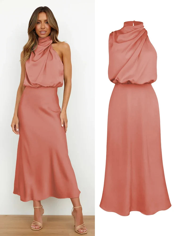 Cowl Neck Maxi Dress – Draped Halter Evening Gown with Open Back and Flowing Floor-Length Silhouette for Weddings & Formal Events