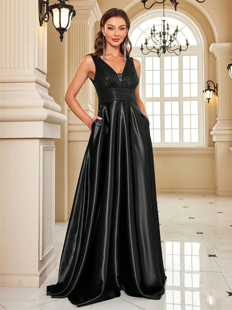 Satin Maxi Gown – Sleeveless Square Neck A-Line Dress with Fitted Bodice and Flowing Full Skirt for Weddings, Galas & Formal Events