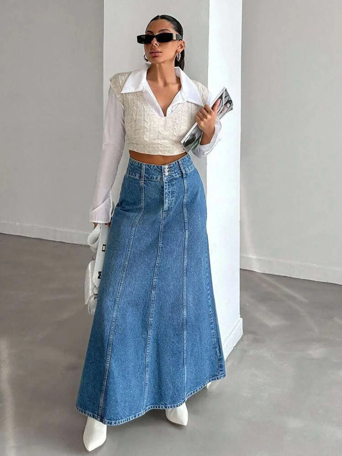 High Waisted Denim Maxi Skirt A Line Long Jean Skirt Flared Full Length Casual Streetwear Vintage Inspired