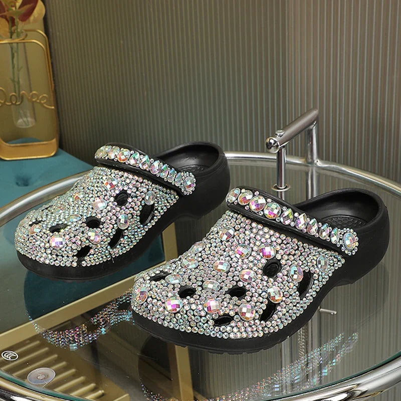 Rhinestone Clog Sandals | Floral Embellished Platform Mules | Sparkly Casual Slip-On Shoes
