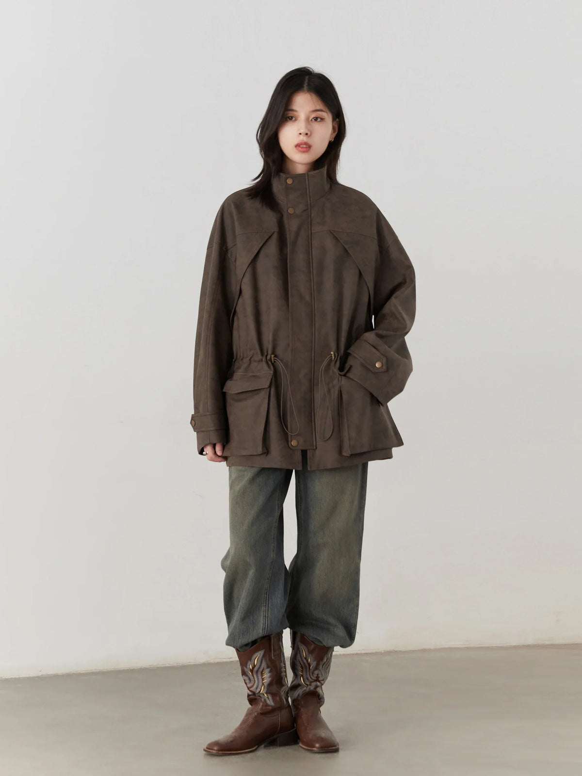 Oversized Suede Jacket, Button-Up Utility Jacket with Stand Collar and Flap Pockets, Relaxed Fit Vintage-Inspired Casual Outerwear