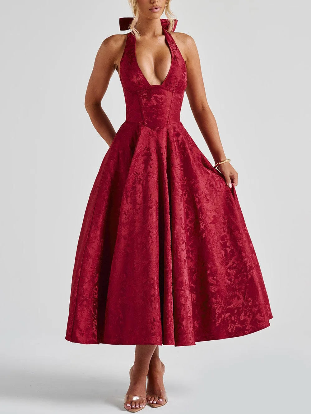 Tulle A-Line Midi Dress – Sleeveless Corset Bodice Dress with Full Flared Skirt and Textured Finish for Weddings, Proms & Parties