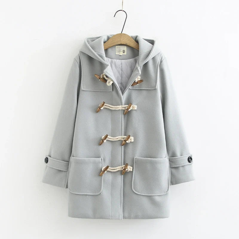 Classic Hooded Duffle Coat, Toggle Button Wool Jacket with Adjustable Cuffs and Front Pockets, Elegant Winter Outerwear