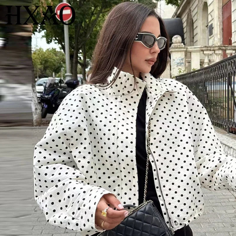 Women's Polka Dot Cropped Jacket, Oversized Stand Collar Button-Up Jacket, Chic Casual Lightweight Outerwear