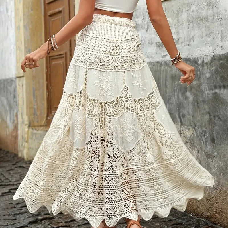High Waisted Boho Maxi Skirt Crochet Lace Long Tiered Skirt A-Line Flowing Beach Vacation Festival Skirt