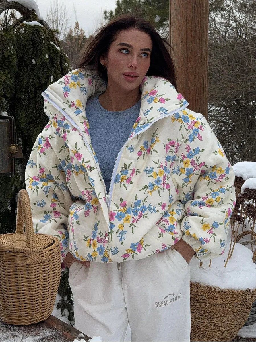 Floral Quilted Puffer Jacket, Oversized Hooded Winter Jacket with Front Pockets, Cozy Printed Cold Weather Outerwear