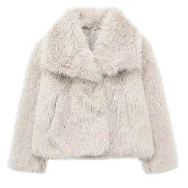 Women's Faux Fur Jacket, Oversized Plush Fur Coat with Wide Collar, Long Sleeve Winter Outerwear