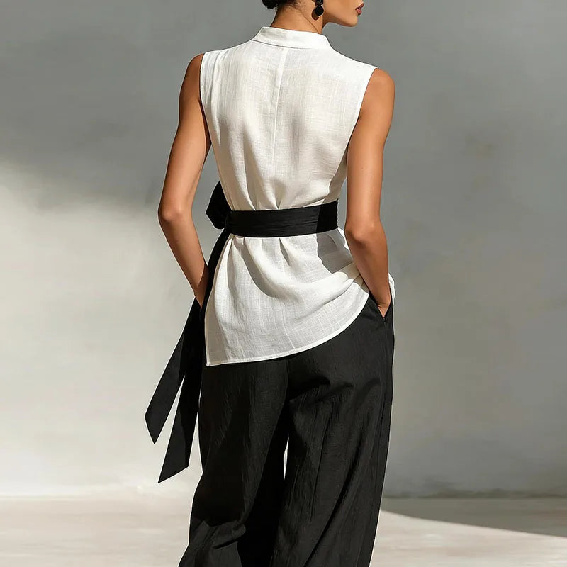 Sleeveless Satin Top & Wide Leg Pants Co-Ord Set with Waist Tie | Elegant Two Piece Outfit | Chic Evening & Formal Matching Set