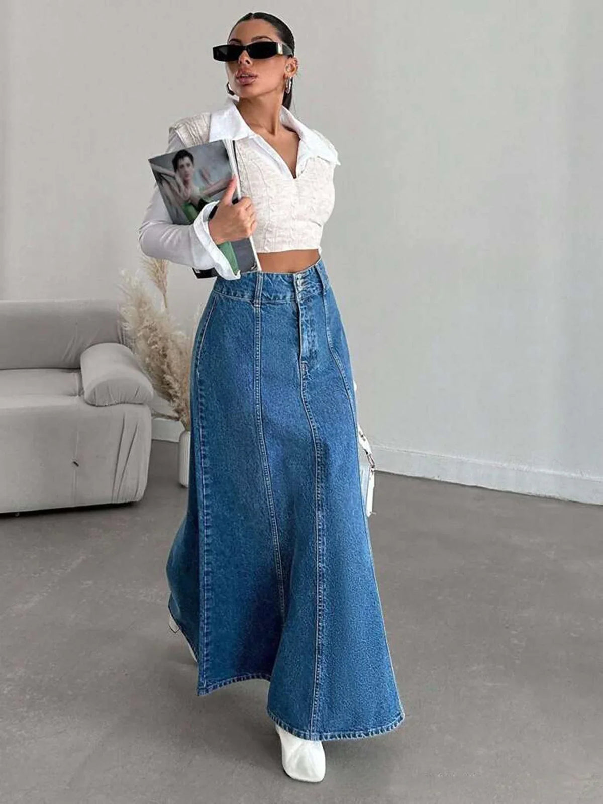 High Waisted Denim Maxi Skirt A Line Long Jean Skirt Flared Full Length Casual Streetwear Vintage Inspired
