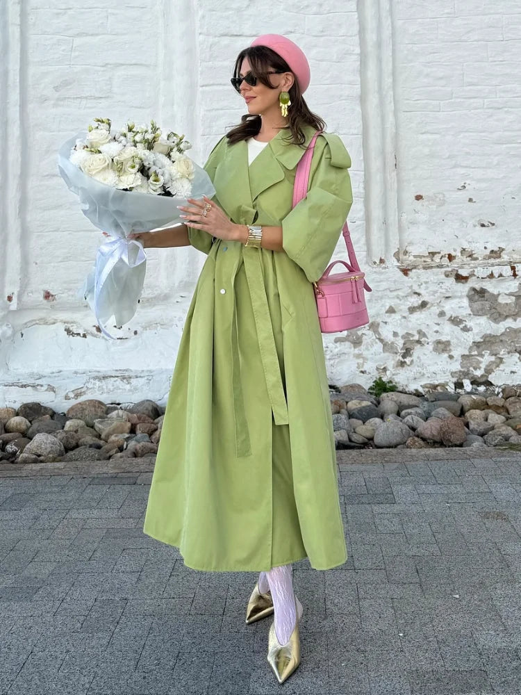 Dramatic Cape Trench Coat, Long Belted Coat with Oversized Lapels and Layered Shoulder Cape, Elegant Statement Outerwear