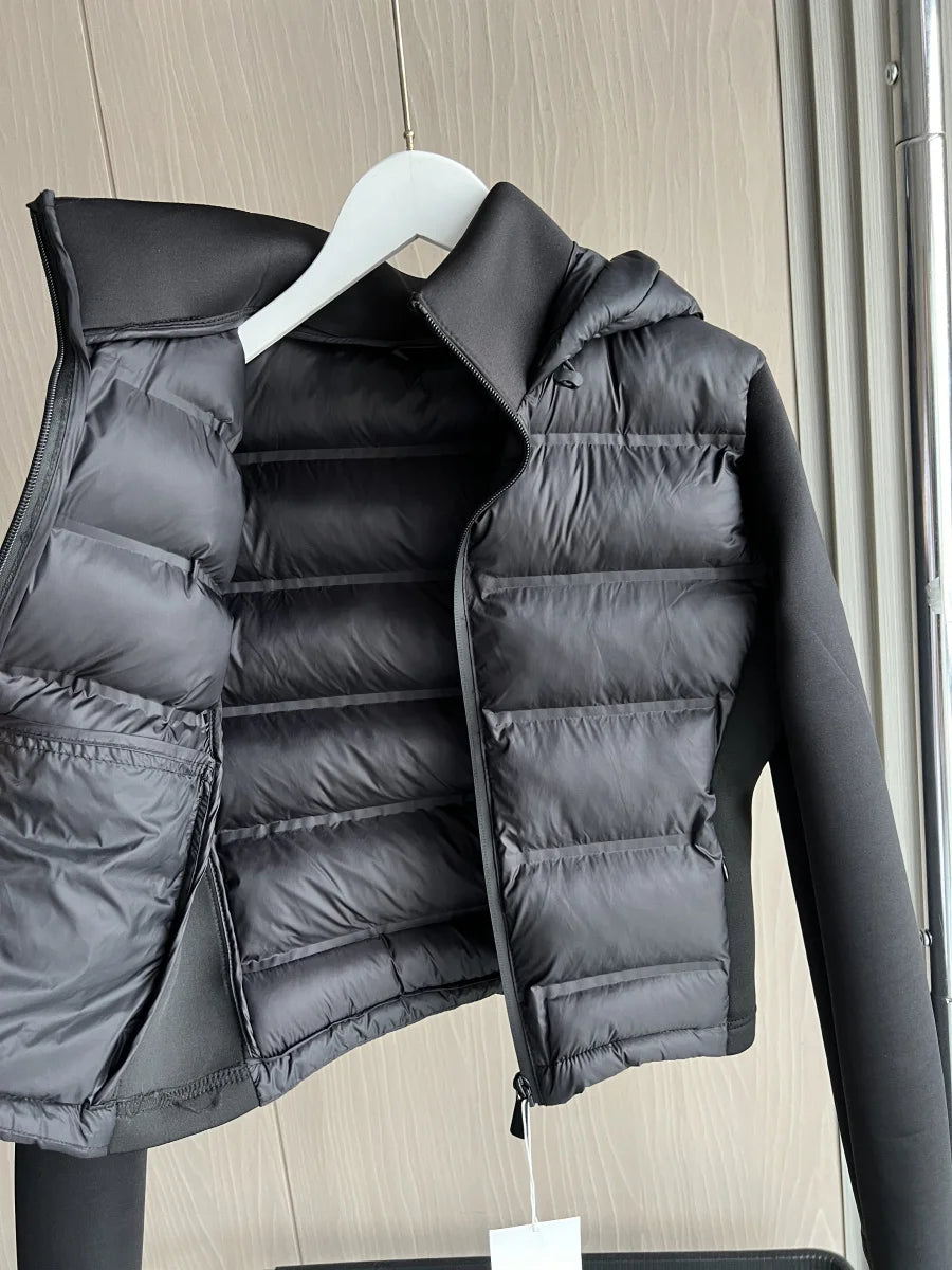 Hooded Puffer Jacket, Quilted Hybrid Jacket with Stretch Sleeves and Zip Front, Lightweight Warm Casual Winter Outerwear