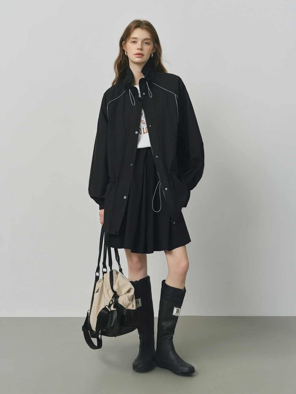 Oversized Cinched Waist Jacket, Hooded Button-Up Utility Jacket with Contrast Piping, Relaxed Fit Casual Outerwear