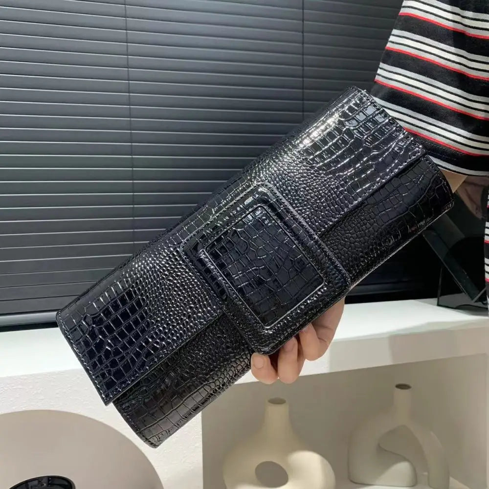 Women's Black Crocodile Clutch Bag, Elegant Faux Leather Envelope Purse, Textured Evening Handbag with Flap Closure for Parties & Special Occasions