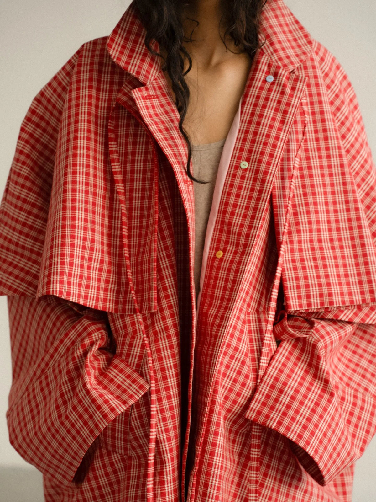 Plaid Cape Jacket, Red Checkered Hooded Jacket with Layered Flounce Yoke and Relaxed Fit, Statement Casual Outerwear