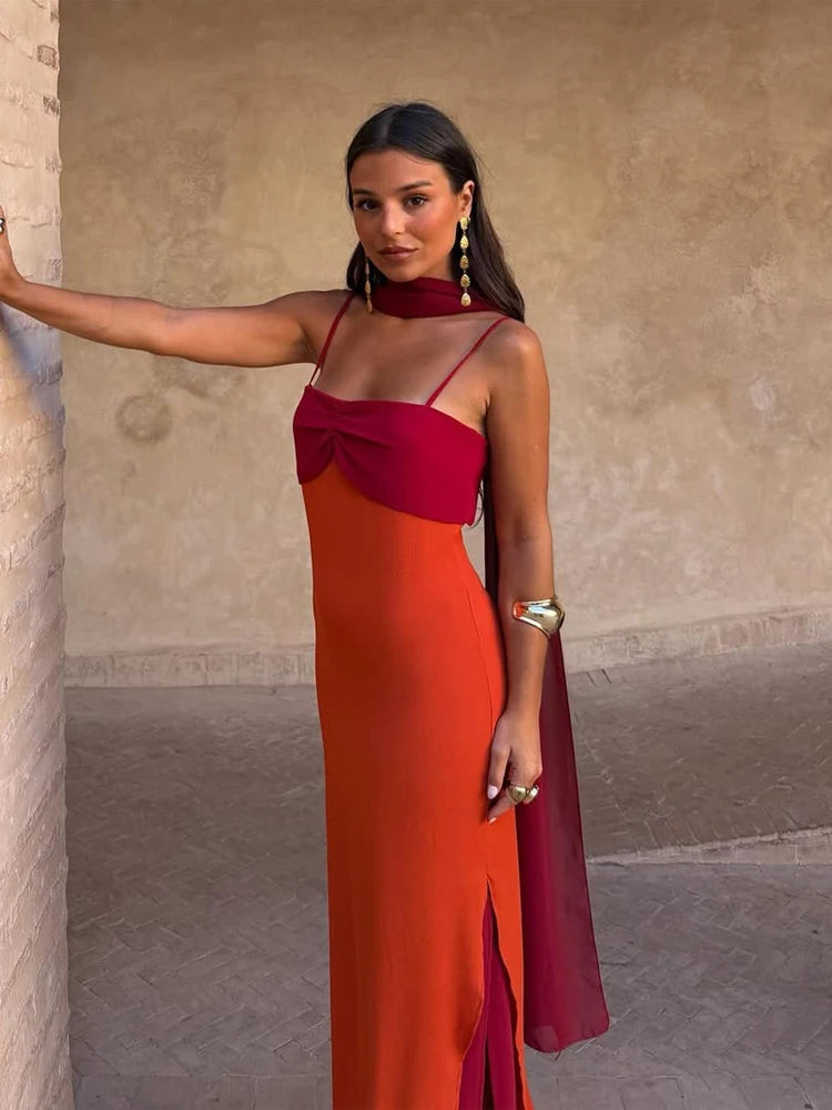 Halter Maxi Dress – Strapless Draped Dress with Open Side Slit, Long Scarf Detail and Flowing Floor-Length Silhouette