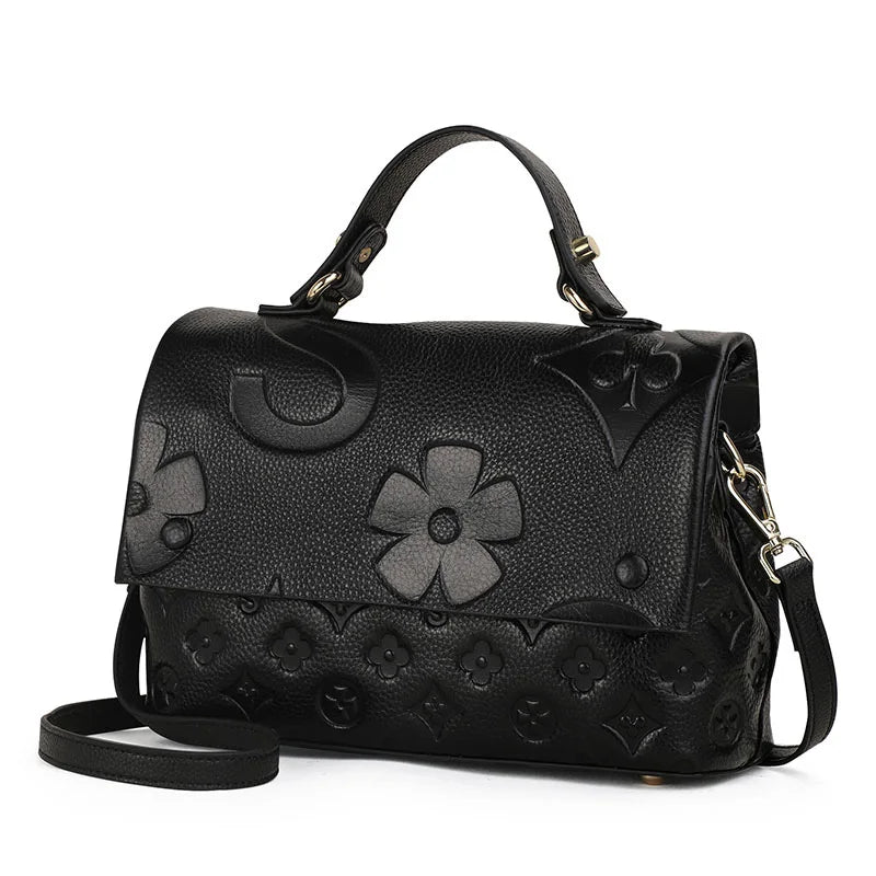 Floral Embossed Handbag, Elegant Structured Top Handle Purse with Decorative Pattern, Compact Shoulder & Crossbody Bag for Parties & Everyday Use