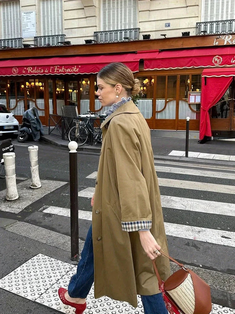 Long Trench Coat with Checkered Lining, Classic Belted Overcoat with Double-Breasted Front, Tailored Fall Outerwear