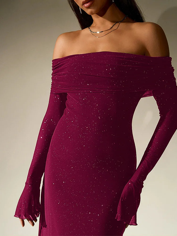 Glitter Off Shoulder Maxi Dress – Long Sleeve Mermaid Gown with Draped Neckline, Flared Cuffs and Sparkling Evening Finish