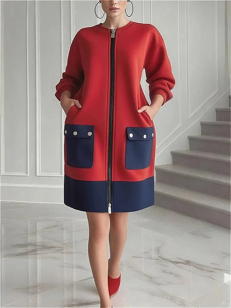 Zip Up Coat Dress – Long Sleeve Mini Dress with Stand Collar, Contrast Patch Pockets and Structured A-Line Silhouette for Fall & Winter