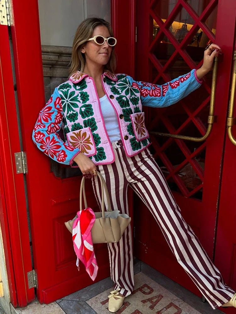 Embroidered Floral Quilted Jacket with Contrast Piping, Button-Up Cropped Jacket with Patch Pockets, Chic Casual Outerwear