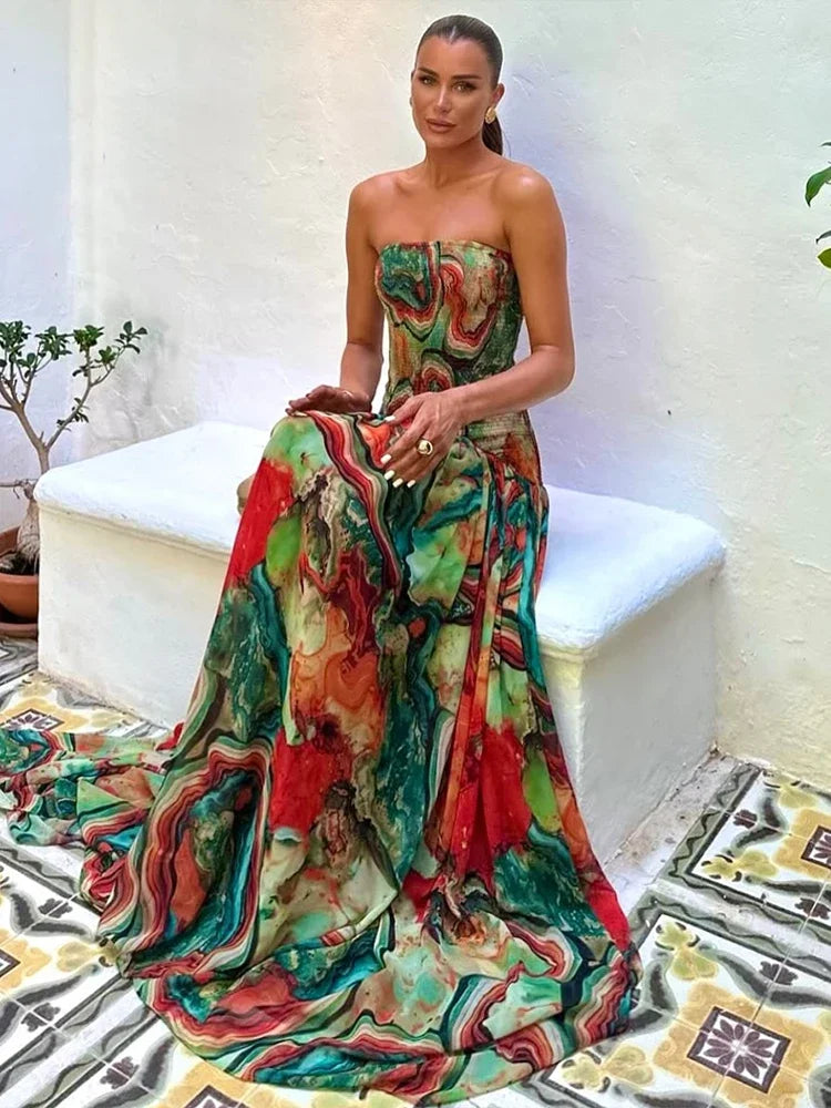 Bohemian Maxi Dress – Strapless Corset Dress with Fitted Bodice, Defined Waist and Flowing Tiered Skirt for Vacations & Summer Events