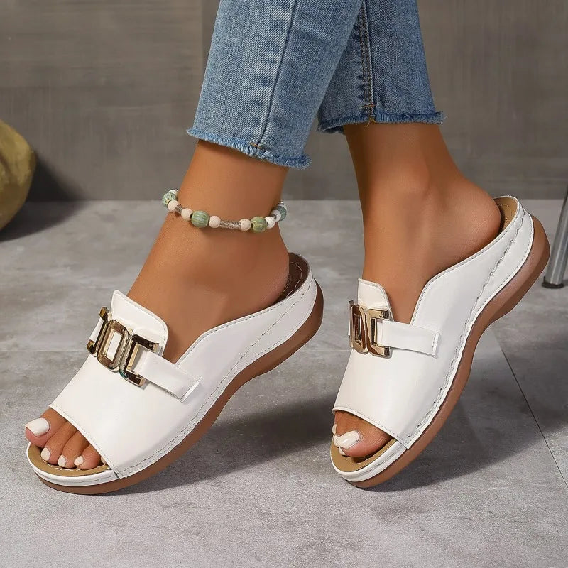 Wedge orthopaedic Mule Sandals | Buckle Embellished Open Toe Shoes | Comfortable Platform Summer Slides