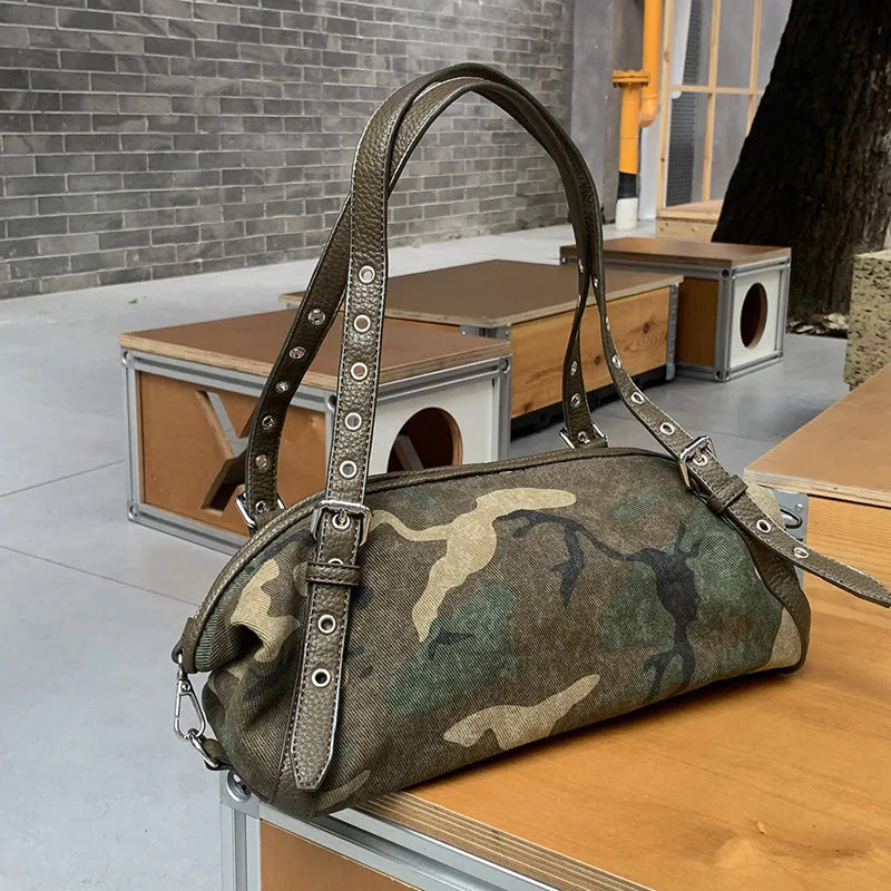 Camouflage Shoulder Bag, Vintage Canvas Handbag with Adjustable Leather Straps, Casual Crossbody Purse with Buckle Details for Travel & Everyday Use