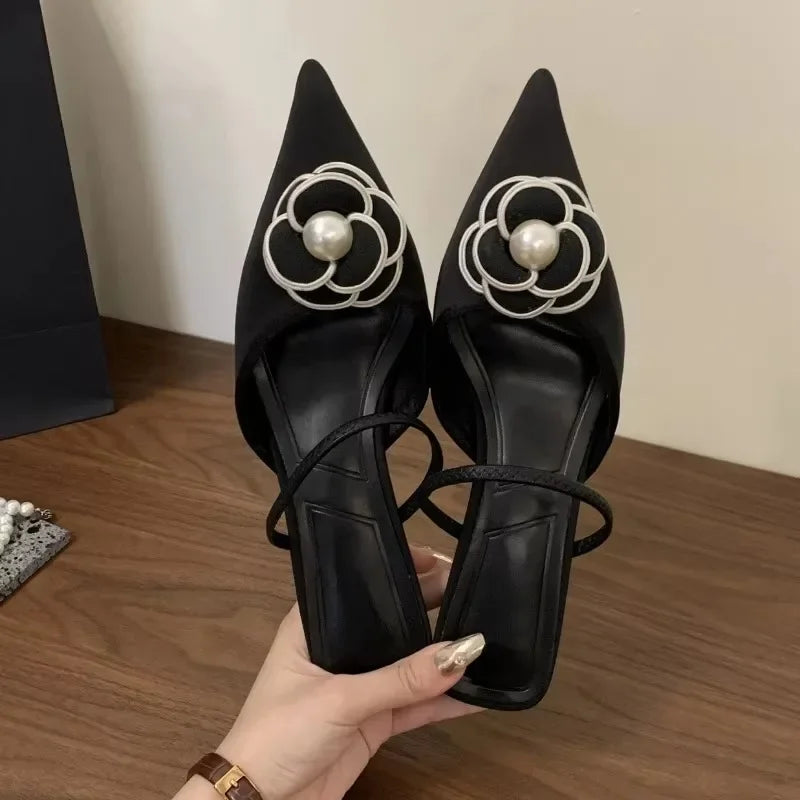 Women's Pointed Toe Slingback Kitten Heel Mules – Elegant Floral Pearl Pumps for Office, Party, Wedding & Dress Wear