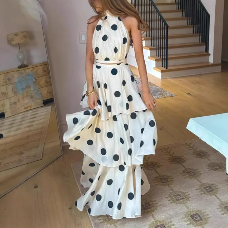 Halter Crop Top & Tiered Maxi Skirt Co-Ord Set | Polka Dot Two Piece Outfit with Ruffle Layers | Chic Summer Party & Vacation Matching Set