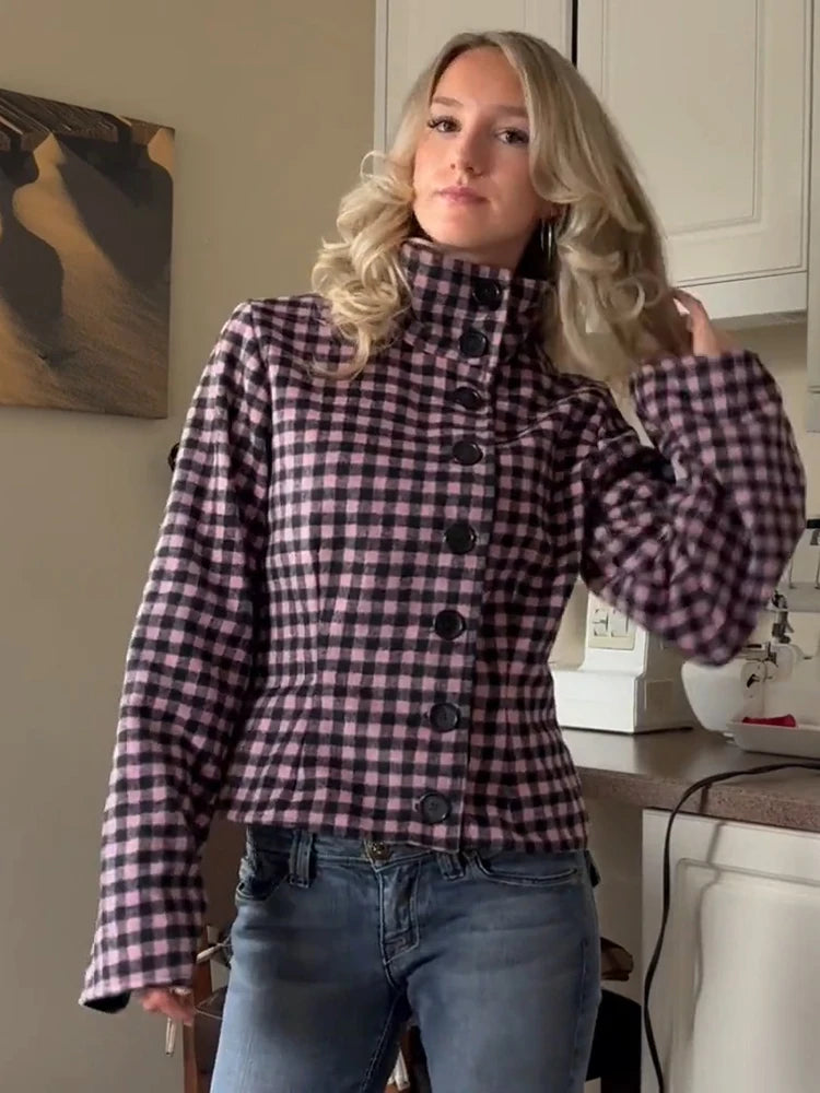 Plaid & Button Up Jacket – Women's Oversized Wool Look Shacket with High Collar, Long Sleeves and Classic Check Pattern