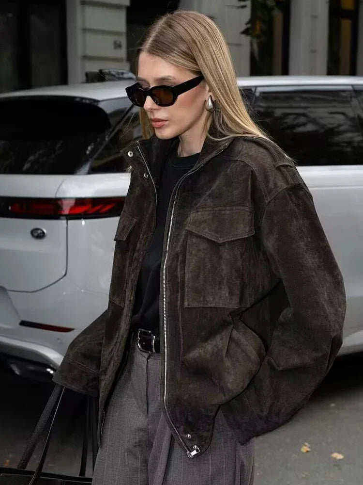 Utility Bomber Jacket with Oversized Pockets, Relaxed Fit Zip-Up Jacket with High Collar, Casual Fall Outerwear