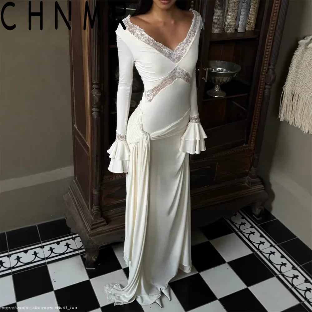 Lace Trim Maxi Dress – Long Sleeve Bodycon Gown with Deep V Neck, Asymmetrical Lace Panels, Flared Cuffs and Draped Train