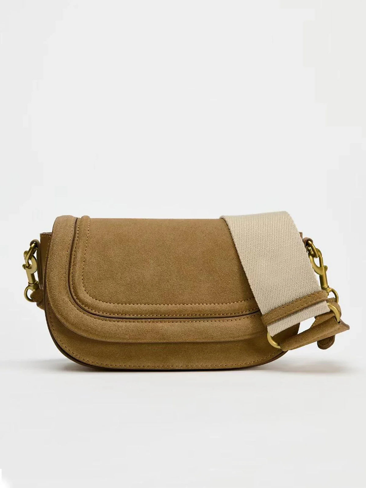 Women's Tan Shoulder Bag, Minimalist Suede Crossbody Purse, Small Vintage Saddle Bag with Adjustable Long Strap for Casual Everyday Use