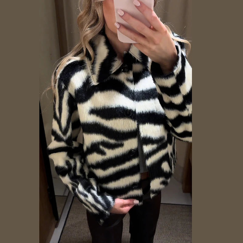 Zebra Print Jacket, Faux Fur Button Front Coat with Classic Collar and Relaxed Fit, Chic Statement Winter Outerwear