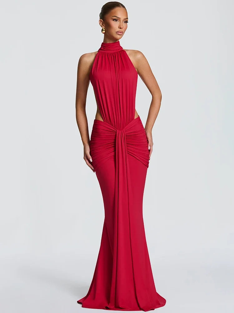 Halter Neck Maxi Dress – Sleeveless Bodycon Gown with Draped Waist Detail and Flared Floor-Length Skirt for Weddings & Evening Events