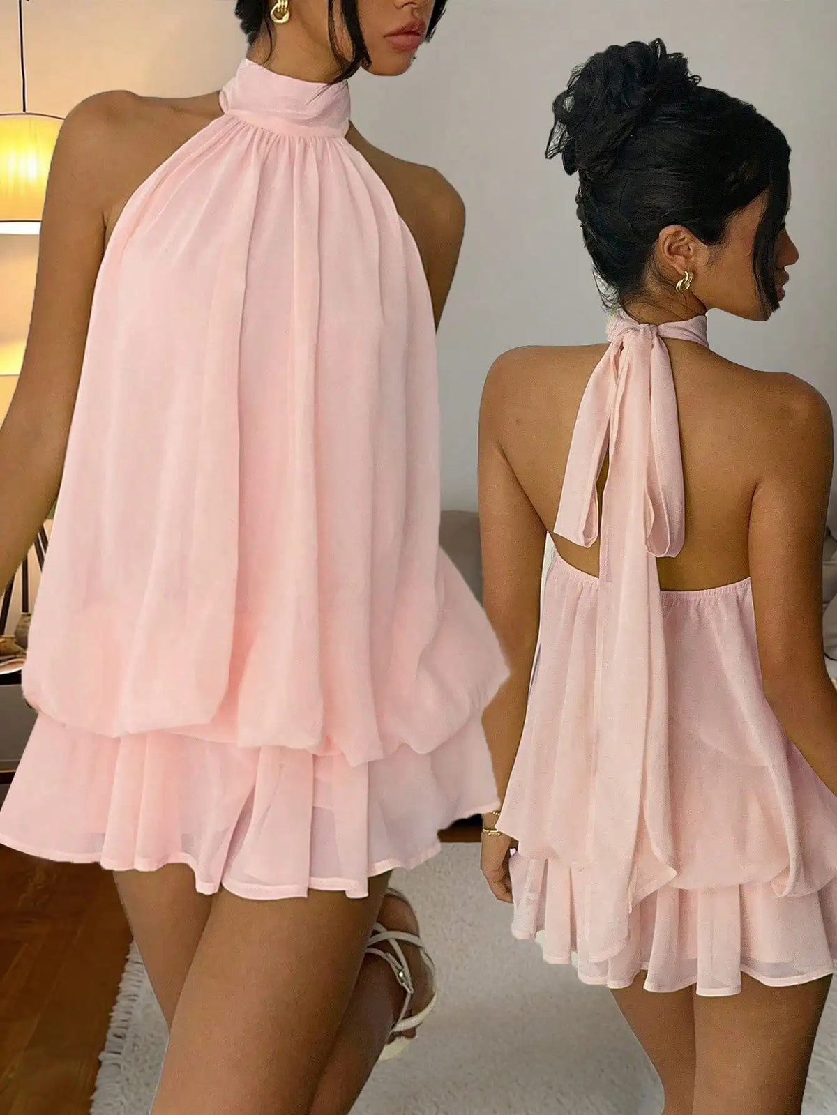 Pleated Mini Dress – High Neck Sleeveless Dress with Layered Ruffle Skirt, Flowing A-Line Silhouette and Elegant Drape for Parties & Events