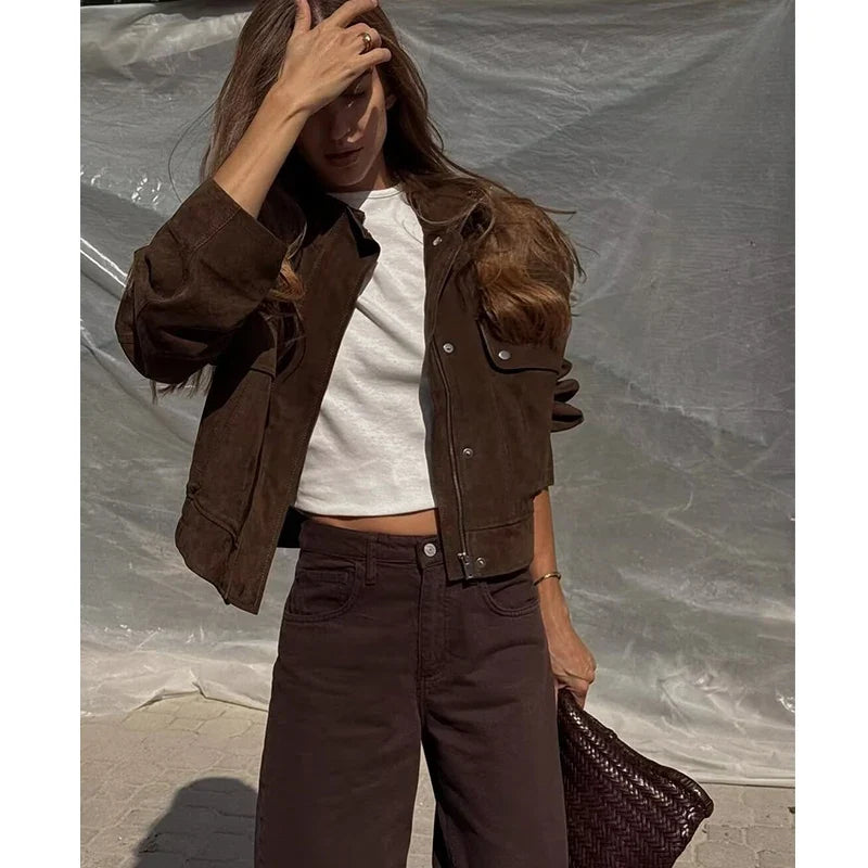 Women's Vintage Cropped Jacket, Relaxed Utility Jacket with Stand Collar, Casual Lightweight Fall Outerwear
