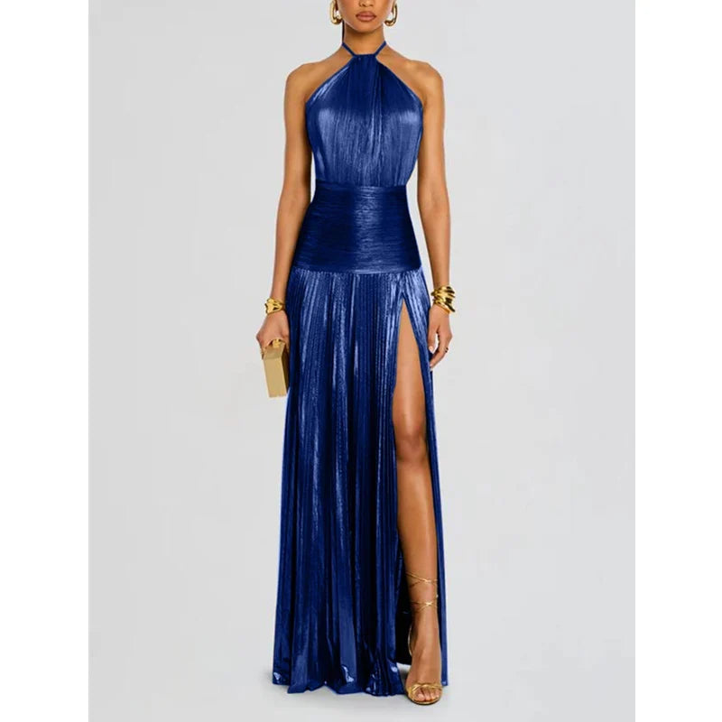 Pleated Maxi Dress – Sleeveless Halter Neck Dress with Fitted Bodice, Defined Waist, Draped Skirt and High Side Slit for Evening Events