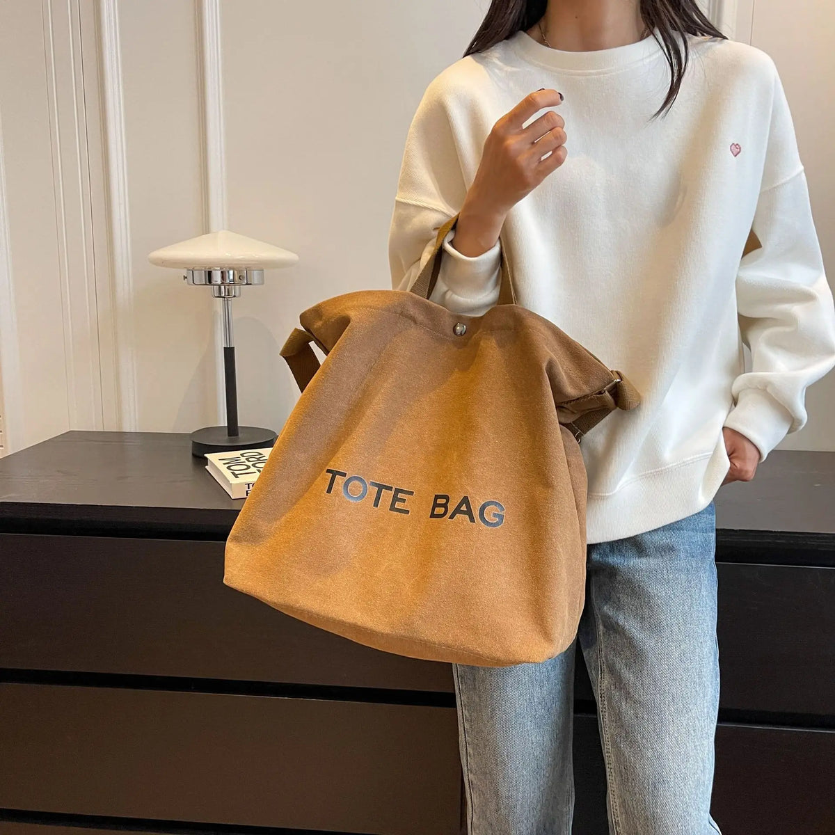 Canvas Tote Bag, Casual Slouchy Shoulder Handbag with Drawstring Closure, Spacious Carryall Purse for Shopping, Travel & Everyday Use