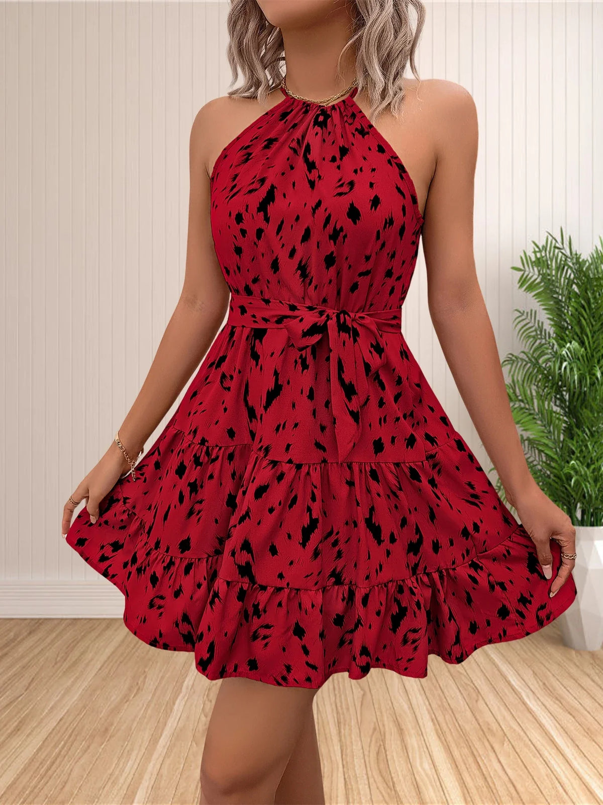 Leopard Print Mini Dress – Sleeveless Halter Neck Fit and Flare Dress with Ruched Waist and Flowy Skirt for Vacations & Summer Parties