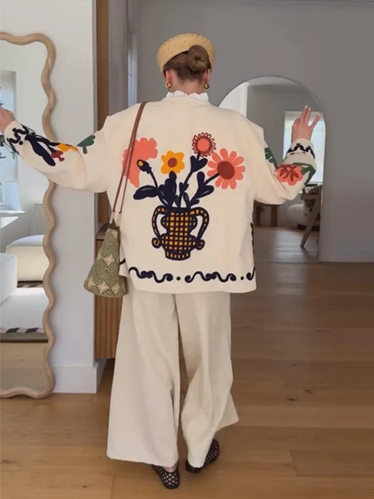 Embroidered Knit Jacket with Contrast Patches, Textured Button-Up Cardigan Jacket, Artistic Boho Chic Outerwear