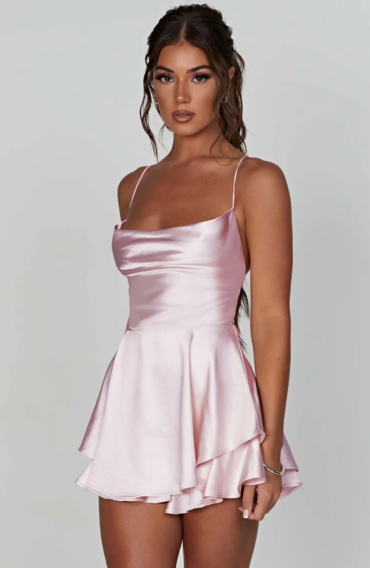 Satin Mini Dress – Cowl Neck Spaghetti Strap Dress with Fitted Bodice, Flared Skirt and Layered Hem for Parties & Date Nights