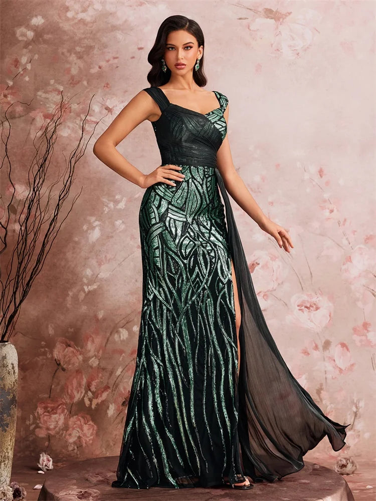 Embroidered Mermaid Maxi Dress – Sleeveless Square Neck Evening Gown with Patterned Bodice, High Side Slit and Flowing Floor-Length Skirt