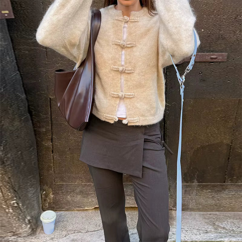 Fuzzy Button Up Cardigan – Women's Long Sleeve Knit Jacket with Mandarin Collar, Toggle Closures and Relaxed Cozy Fit