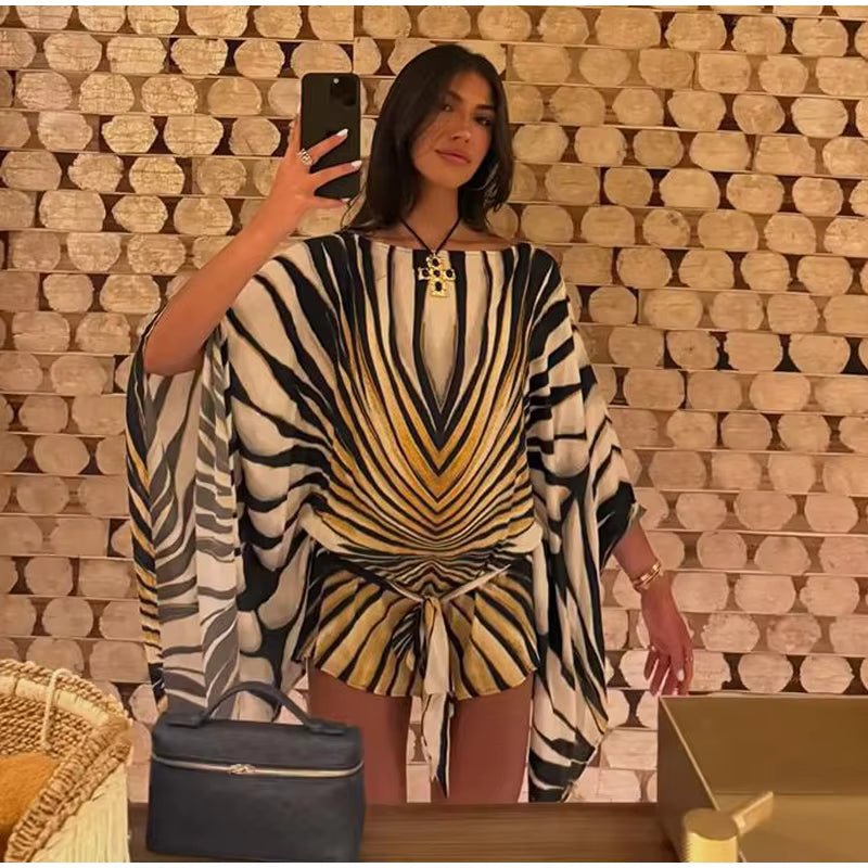 Printed Kaftan Mini Dress – Batwing Sleeve Tunic with Geometric Chevron Pattern, Adjustable Waist Tie and Flowing Asymmetrical Hem