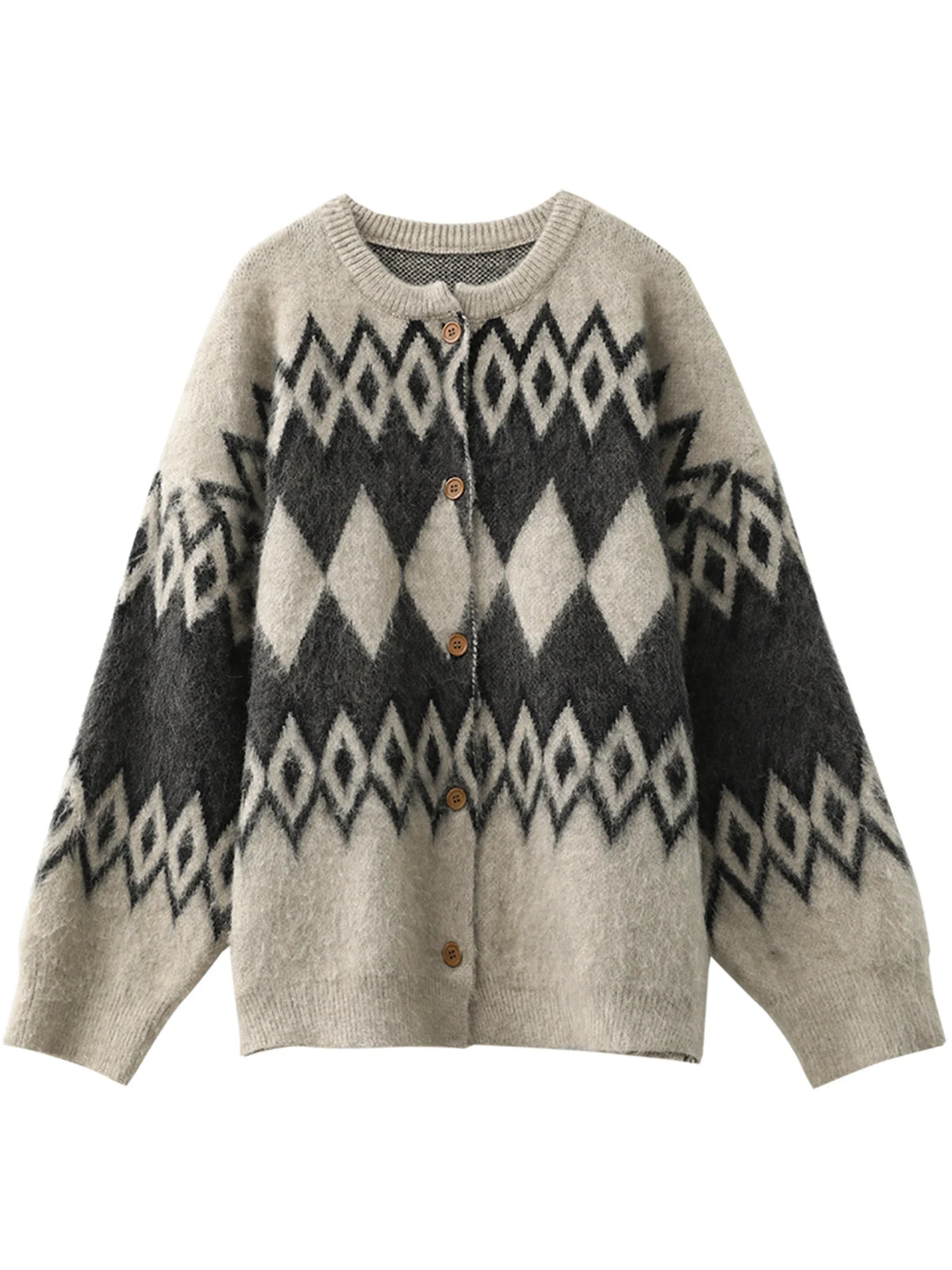 Argyle Knit Cardigan, Oversized Button-Up Sweater Jacket with Geometric Pattern and Balloon Sleeves, Cozy Fall Winter Outerwear