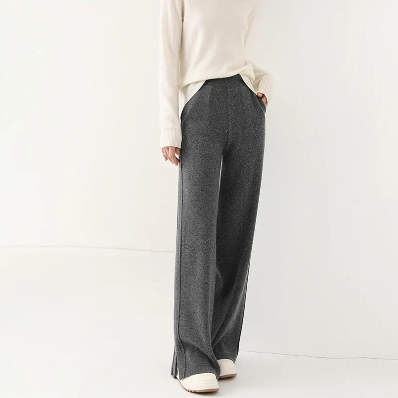 High Waisted Wide Leg Knit Pants Relaxed Fit Flowing Trousers Stretchy Casual Lounge Bottoms Minimalist Style
