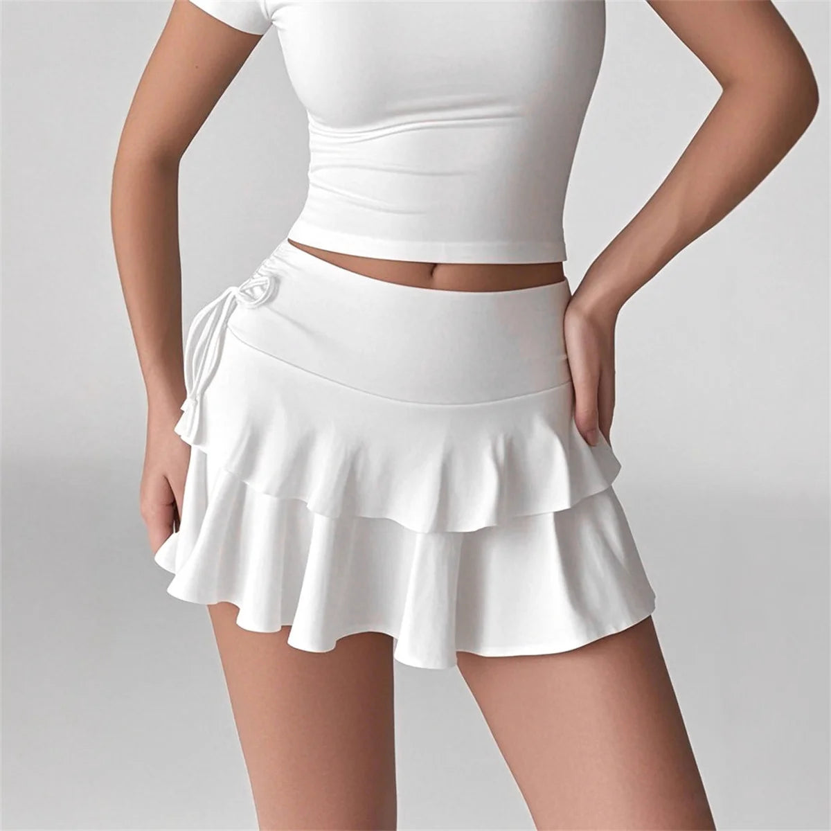High Waisted Ruffle Mini Skirt Tiered Flared Skirt Ruched Drawstring Side Tie Y2K Party Club Summer Fashion