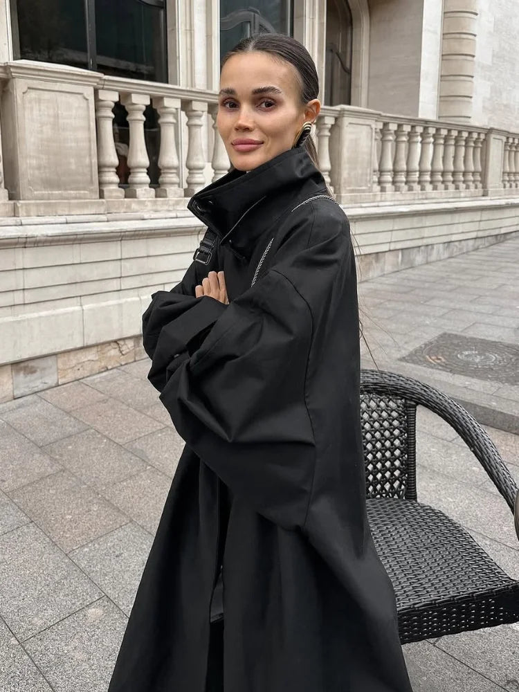 Longline Cape Coat, High Neck Button-Up Coat with Draped Cape Sleeves and Relaxed Fit, Elegant Minimalist Winter Outerwear