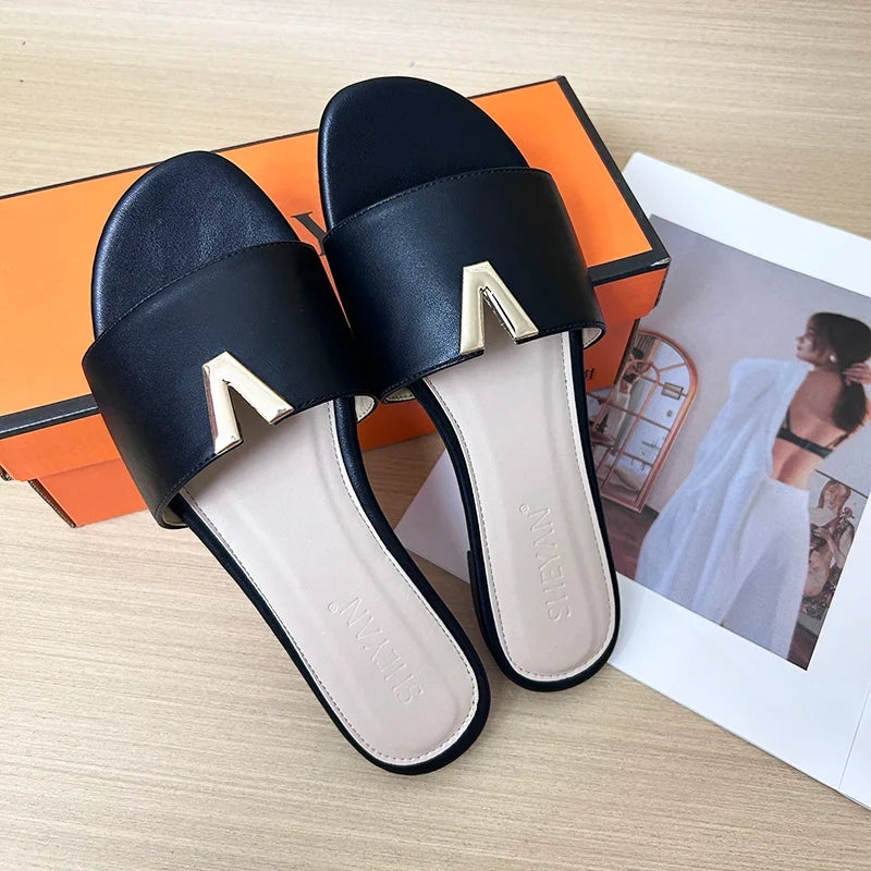 V Buckle Slide Sandals | Minimalist Open Toe Mules | Elegant Flat Summer Casual Shoes